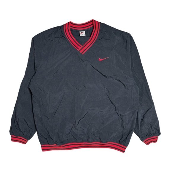 Nike Other - Vintage 90s Nike Nylon Swoosh V Neck Pullover Jacket Black Red Mens Large